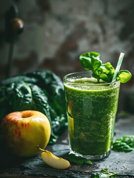 A refreshing beverage with green ingredients, like kale and apple, served in a glass on a wooden table. Vegetables for a healthy diet.