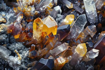 Magnified view of various crystalline formations with different colors and structures. Study in earth science, mineralogical analysis or geological surveys.