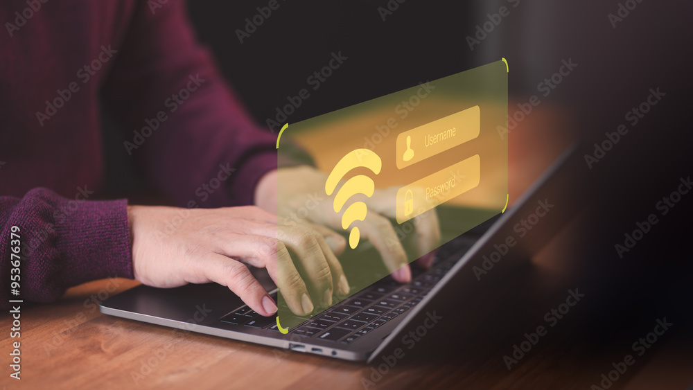 Poster Male user searching and connect for free wifi on his a computer laptop in the hotel. Concept of technology connectivity and connection problems to wifi by computer.