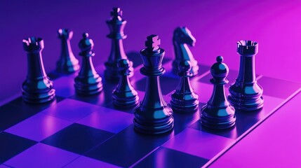 A set of six chess pieces on a purple checker board, ready for gameplay. The classic board and pieces suggest strategic thinking and competition.