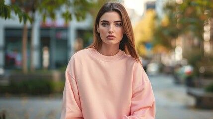 Fototapeta premium Young, trendy woman with long blonde hair and a beige pink sweatshirt walking on a city street during autumn.