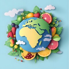 A paper cut-out illustration of the Earth surrounded by fruits and leaves on a light blue background.