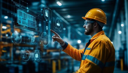 An innovative industrial worker engages with advanced smart technology in manufacturing to boost productivity, efficiency, and promote sustainability and collaboration across engineering disciplines