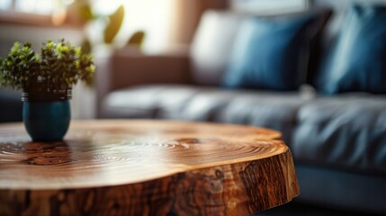 Modern living room with wood furniture and decor.