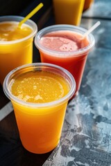 Three plastic cups of colorful fruit juice, with one in front slightly off-center, suggesting a casual outdoor setting, perhaps at a festival or fair.