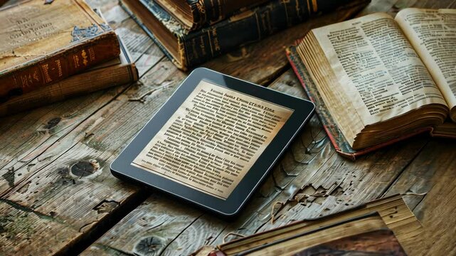 Exploring the blend of modern technology and classic literature with a tablet surrounded by vintage books