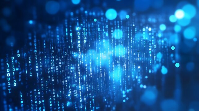 Digital binary code background with a bokeh effect, symbolizing data technology and information exchange in the digital age