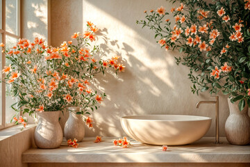Vasque et fleurs orange dans salle de bains lumineuse