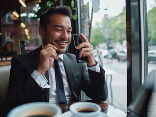 A young man in a business suit, smiling while sitting at a coffee shop and using his smartphone.