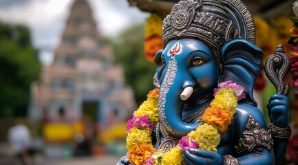 Detailed Ganesha Statue with Vibrant Flowers Reflecting Hindu Spirituality and Religious Celebration