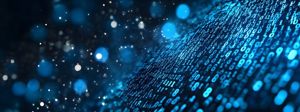 Digital binary code background with a bokeh effect, symbolizing data technology and information exchange in the digital age