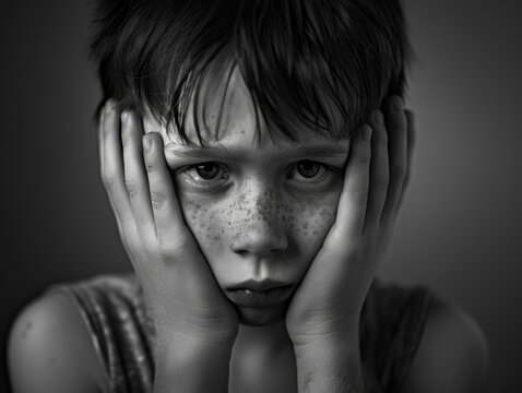 A young boy with his hands to his face, expressing worry or concern.