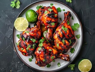 A delicious and spicy tandoori chicken with fresh herbs such as cilantro and lime, garnished for a vibrant, flavorful meal.