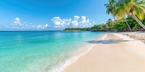 Fototapeta premium On an exotic island, there is a beautiful beach with coconut palm trees and a blue water.