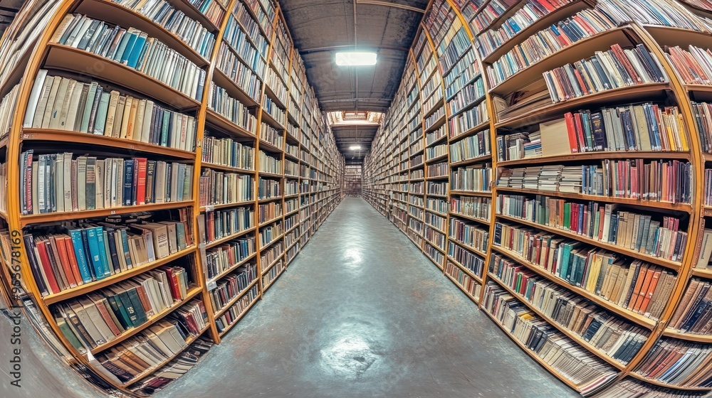Poster An Endless Row of Bookshelves in a Library