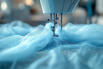 Close-up of a sewing machine and materials ,Manufacturing process for women or accessories in the fashion industry.