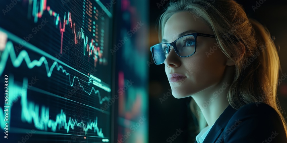 Poster analyzing market trends a business professional in action, focusing on the dynamic interactions betw