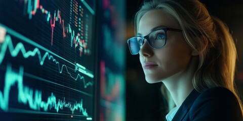 Analyzing Market Trends A Business Professional in Action, focusing on the dynamic interactions between analytics, finance, and technology to enhance strategic business decisions effectively