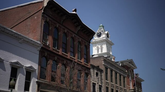 Building facades on main street with Athens County Common Pleas Courthouse in the small midwest town of Athens, Ohio.