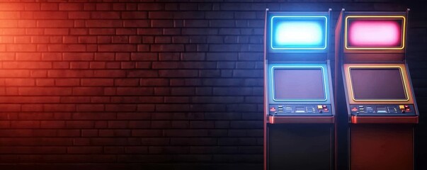 Vibrant arcade machines glow against a textured brick wall, evoking nostalgia for classic gaming experiences.