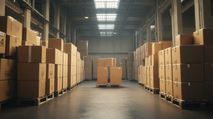 Warehouse environment featuring cardboard boxes on pallets, illustrating the logistics of package shipment and freight delivery preparation.