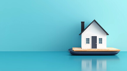 A house on floating dock, showcasing unique design against serene backdrop. This 3D illustration captures essence of modern living.
