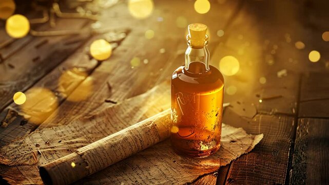 Discover the secrets of ancient elixirs and potions with a beautifully crafted bottle on weathered parchment