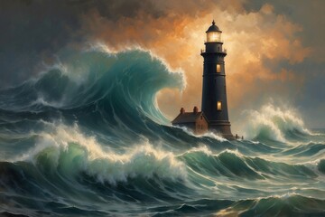 Architecture lighthouse building painting, stormy sea with big waves, nature weather theme concept texture design illustration.  © AkosHorvathWorks