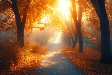 Fototapeta premium Autumn forest path. Orange color tree, red brown maple leaves in fall city park. Nature scene in sunset fog Wood in scenic scenery Bright light sun Sunrise of a sunny day, with generative ai