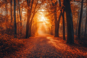 Autumn forest path. Orange color tree, red brown maple leaves in fall city park. Nature scene in sunset fog Wood in scenic scenery Bright light sun Sunrise of a sunny day, with generative ai