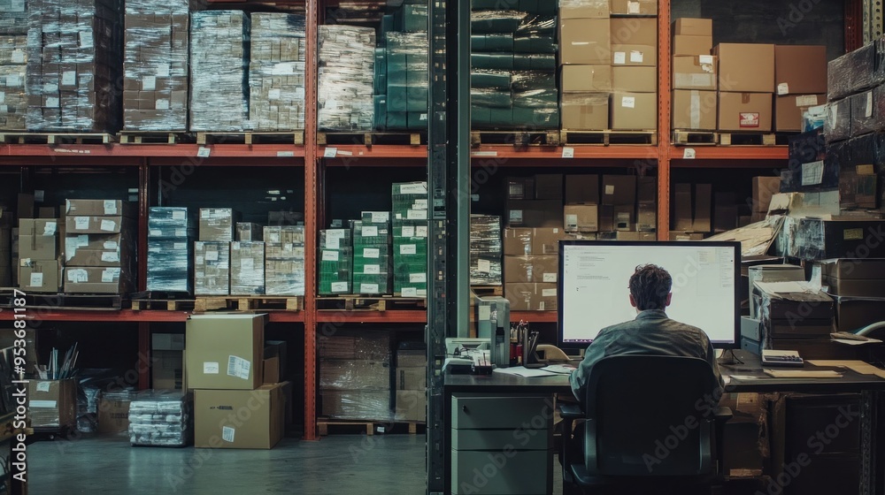 Poster A Man Working at a Desk in a Warehouse with Pallets of Boxes Behind Him