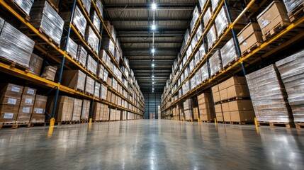 Warehouse interior with stored inventory arranged on pallets and shelves. Great for showcasing effective storage solutions and stock management practices.