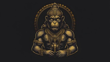 Fototapeta premium A golden illustration of Hanuman, the Hindu god of strength and devotion, against a black background.