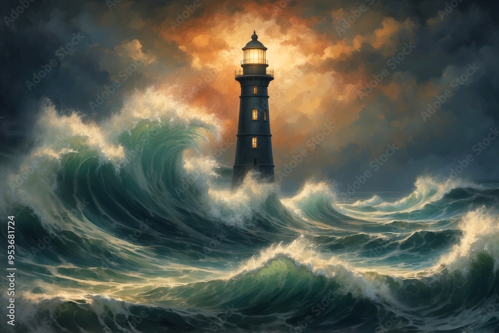 Wall mural Architecture lighthouse building painting, stormy sea with big waves, nature weather theme concept texture design illustration.
