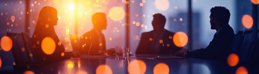 Fototapeta premium Silhouettes of business people in a meeting, illuminated by soft lights. Ideal for corporate, teamwork, and leadership themes.