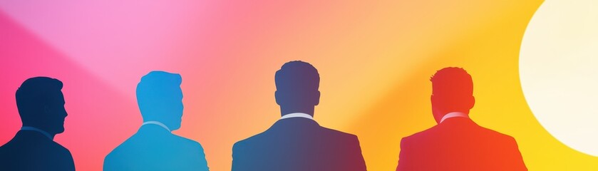 Silhouettes of four business professionals against a vibrant sunset backdrop, representing teamwork and collaboration.