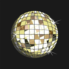 Mirror disco ball with light glare and reflections. Party decor element. Dark background. Vector illustration