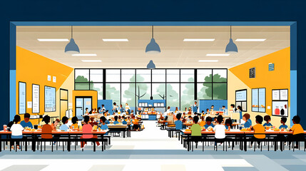 A school cafeteria filled with students eating lunch at tables.