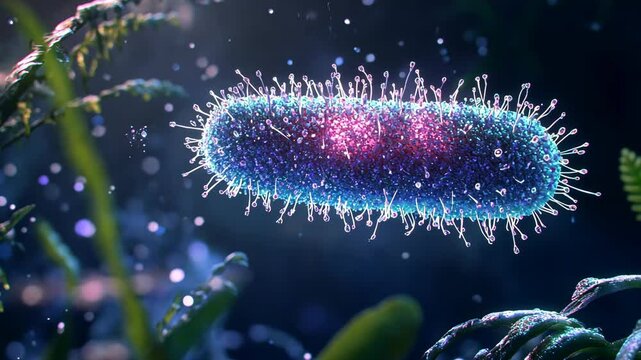 Exploring the intricate structure of a vibrant bacterium in a lush environment under microscopic conditions