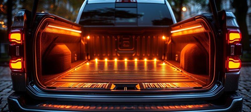 Spacious cargo area of a modern pickup truck with down tailgate and sleek taillights