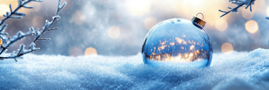 Shiny glass ball against snow-covered branches and snowfall. World Snow Day. Horizontal banner. Copy space. Winter sports and snow activities concept. Christmas tree decoration in winter forest - Powered by Adobe