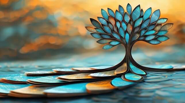 A beautiful artistic representation of a tree, featuring vibrant blue leaves on a tranquil water surface, perfect for nature themes.