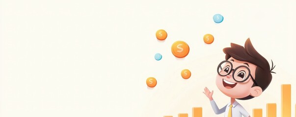A cheerful boy in glasses joyfully interacts with colorful money icons, representing finance, growth, and investment.