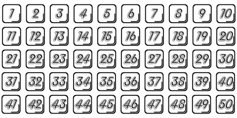 Numbers, 1 to 50 square corner black premium dates