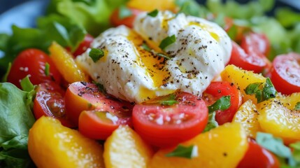 A plate of food with a white sauce and tomatoes