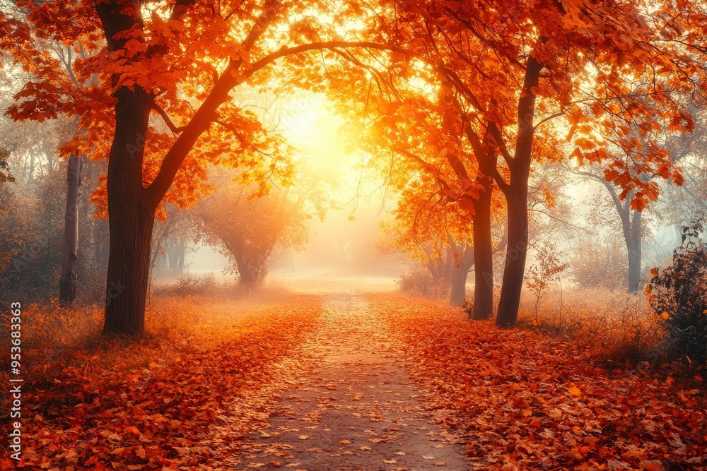 Wall mural Autumn forest path. Orange color tree, red brown maple leaves in fall city park. Nature scene in sunset fog Wood in scenic scenery Bright light sun Sunrise of a sunny day, morning with generative ai