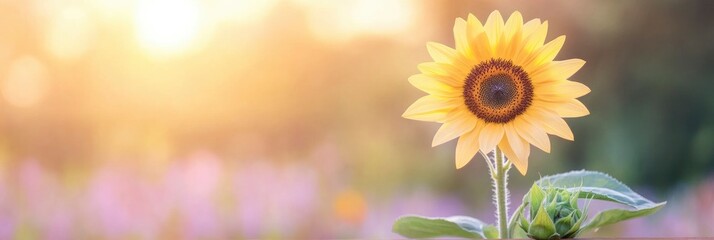 Obraz premium Beautiful sunflower on blur garden with sunlight on background