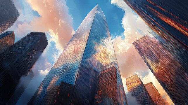 Tall Skyscrapers Reflecting Clouds at Sunset