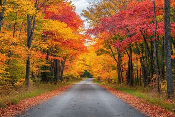 Obraz premium A scenic road surrounded by vibrant autumn foliage of orange, red, and yellow leaves.