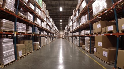 Fototapeta premium Wide-angle view of a logistics warehouse packed with stored inventory, featuring an organized setup with clearly labeled shelves and stacked pallets.